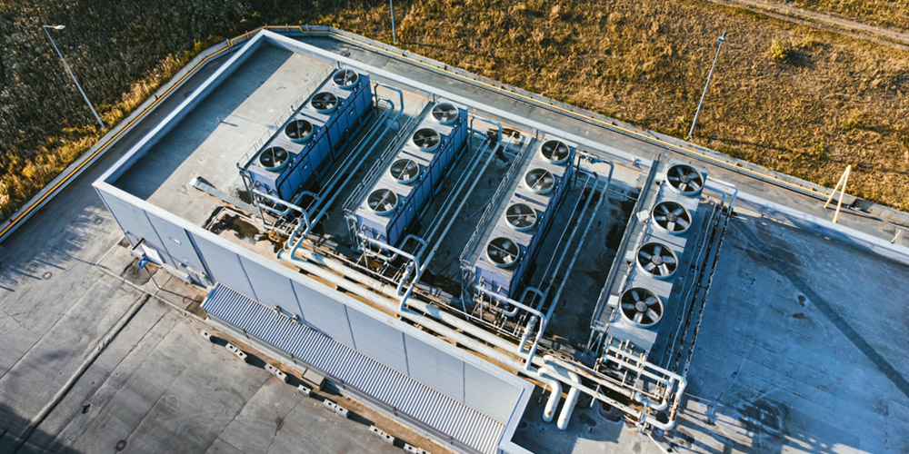 aerial view of ventilation and air conditioning system on the roof of building